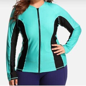 Plus Size 4X Aqua & Black Long Sleeve Zip-Up Rash Guard